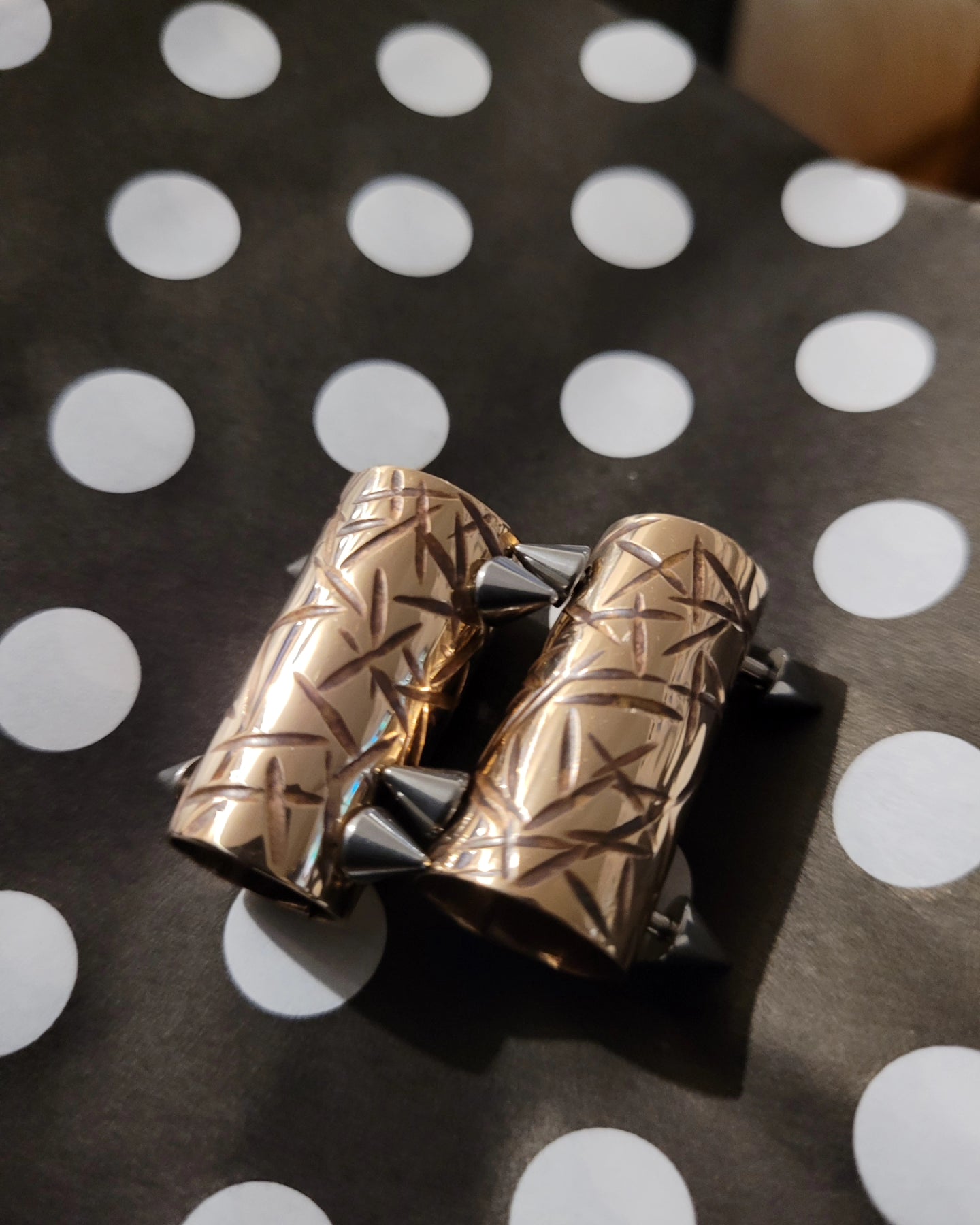 Two Bar Hair Cuffs! Brass, bronze, stainless steel, and black steel. Plain, striped, horns texture, and crystal texture
